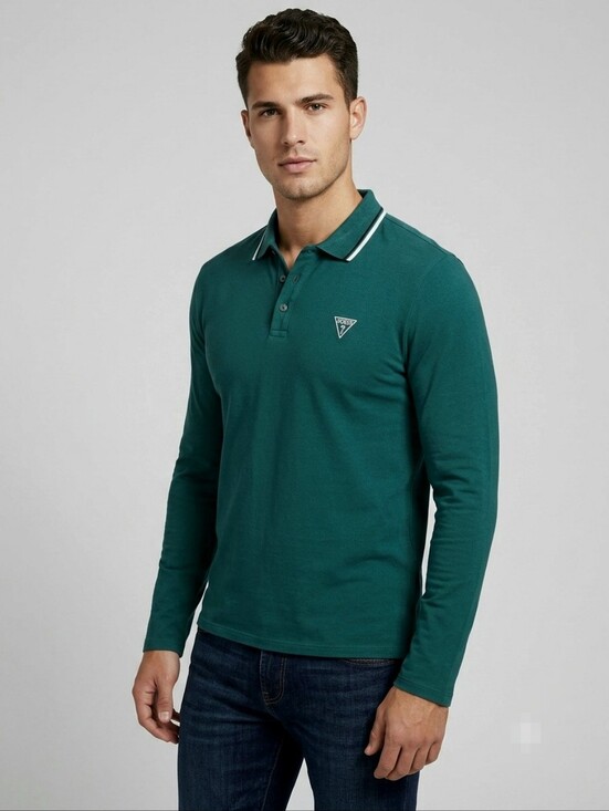 Guess Other - Guess Dark Green Long-Sleeve Polo Shirt with Contrast Trim size M